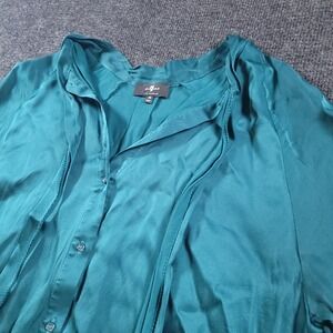 7 For‎ All Mankind Blouse Women's M Teal Bow Tie Neck Long Sleeve Sheer Top